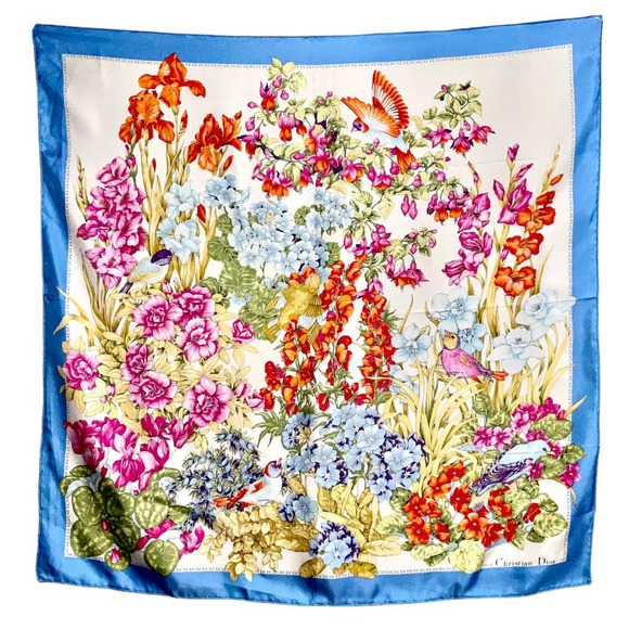 Christian Dior 32” Square 100% Silk Scarf Blue Multicolored Birds & Floral Print